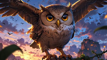 A beautiful and inspiring scene, created in a blend of Pixar and anime styles. A wise blind owl, outlined by the soft, warm g