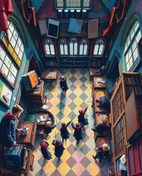 A vibrant and dynamic acrylic painting depicts a magical school brimming with young wizards.  The overhead, bird's-eye view s