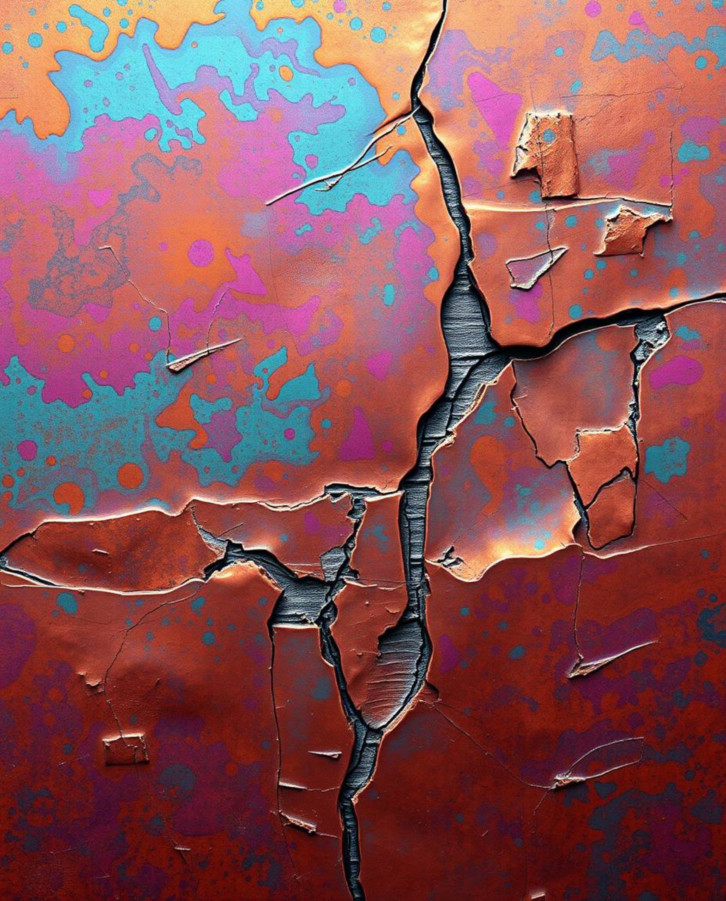 A captivating digital glitch landscape features bright, vibrant colors casting a bronze surface, seemingly breaking apart wit