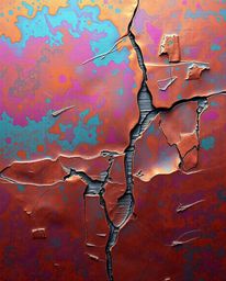 A captivating digital glitch landscape features bright, vibrant colors casting a bronze surface, seemingly breaking apart wit