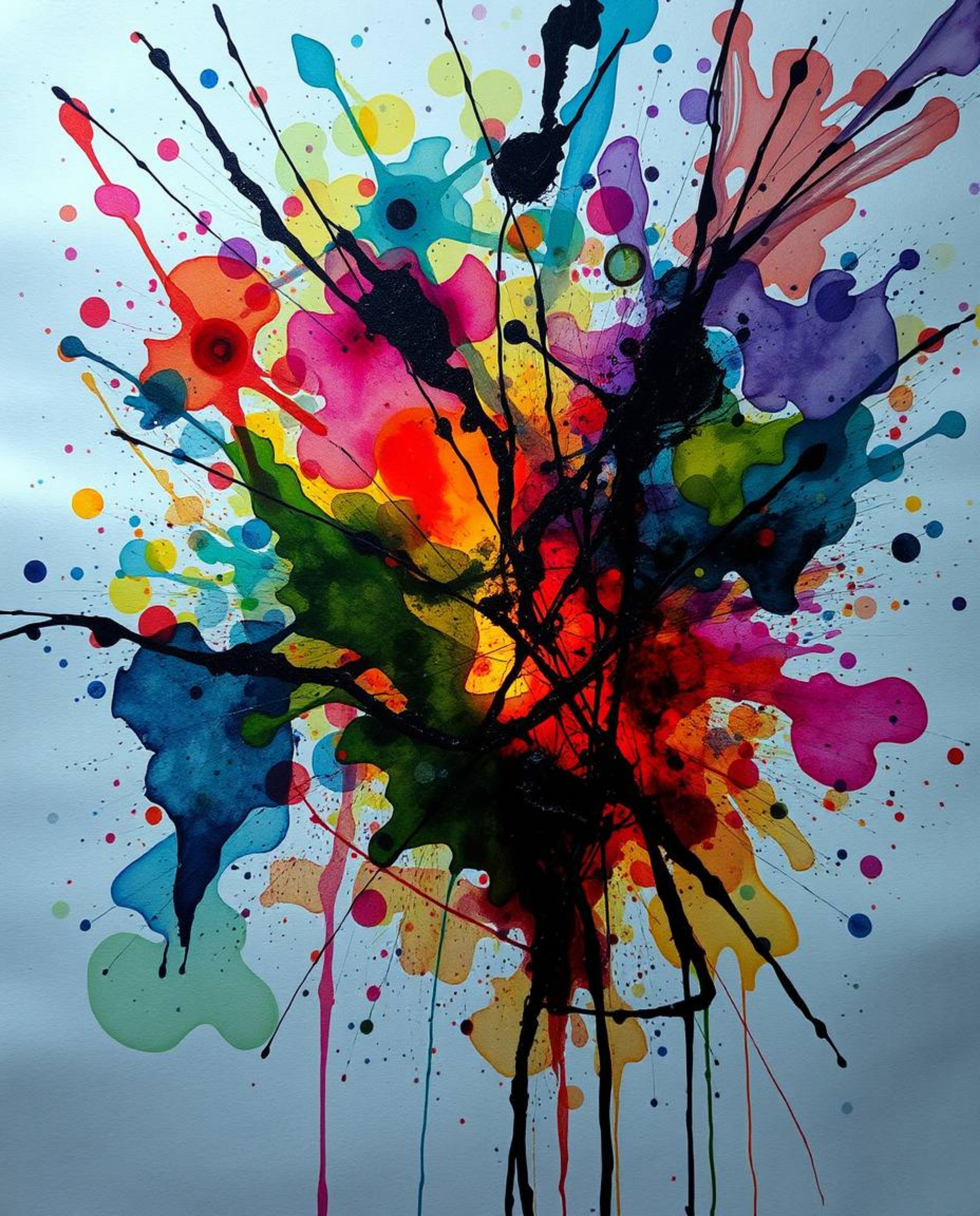 A creative light art piece evoking an eerie and creepy atmosphere. Colorful watercolor splashes blend on paper, displaying vi