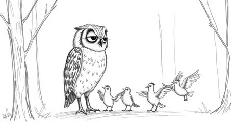 A charming hand-drawn sketch in the style of Pixar depicts a blind owl patiently guiding several birds during flight training