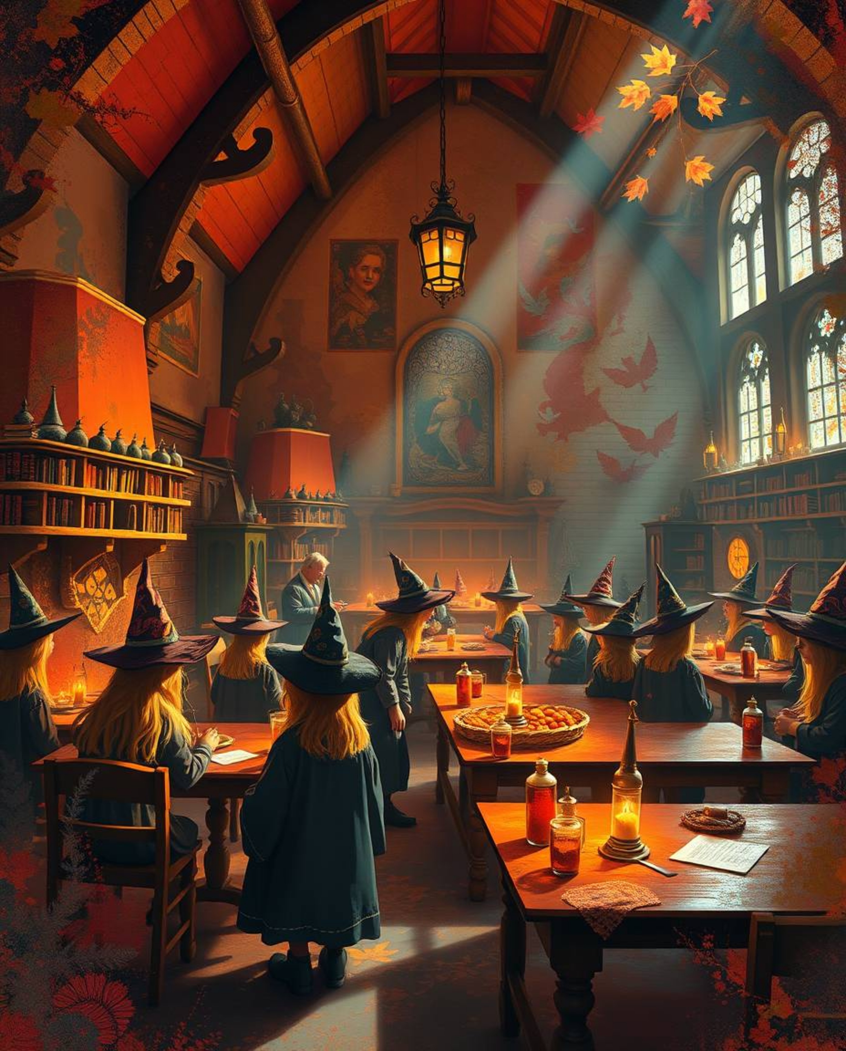 Step into a magical school brimming with young wizards, bathed in the warm hues of autumn and illuminated by creative artisti