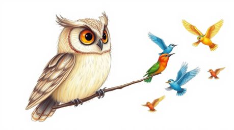 A heartwarming hand-drawn pencil sketch depicts a blind owl, rendered in a Pixar-esque style, gently guiding a flock of color