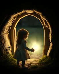 Discover a captivating fine art photograph depicting a child's enchanting encounter with a magical portal in their backyard.