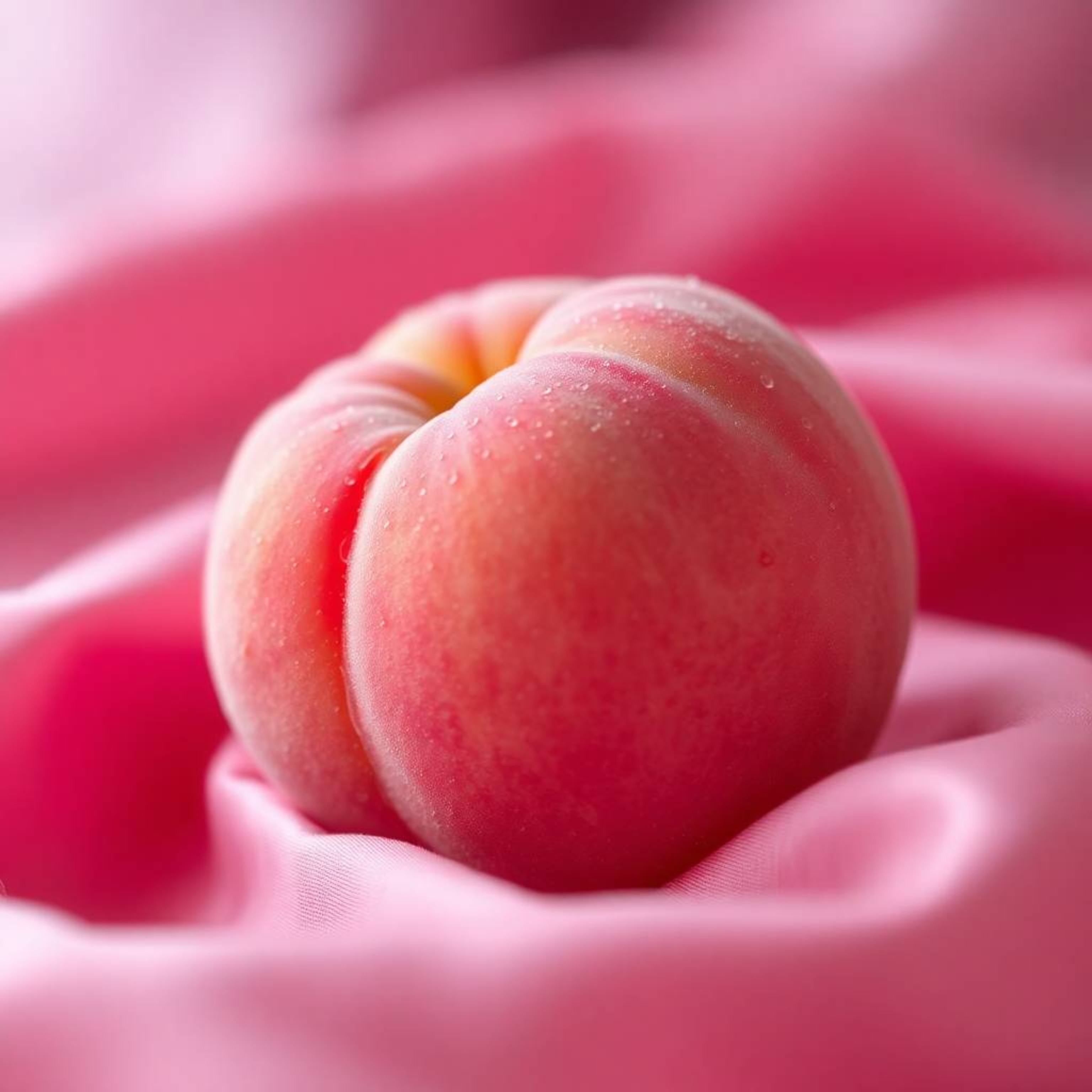 Experience the soothing tranquility of this close-up ASMR image featuring a soft, blushing pink peach resting on silky pastel