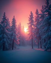 An 8k resolution image captures sunset light sparkling on snowy pine trees, enhanced by volumetric lighting and surreal infra