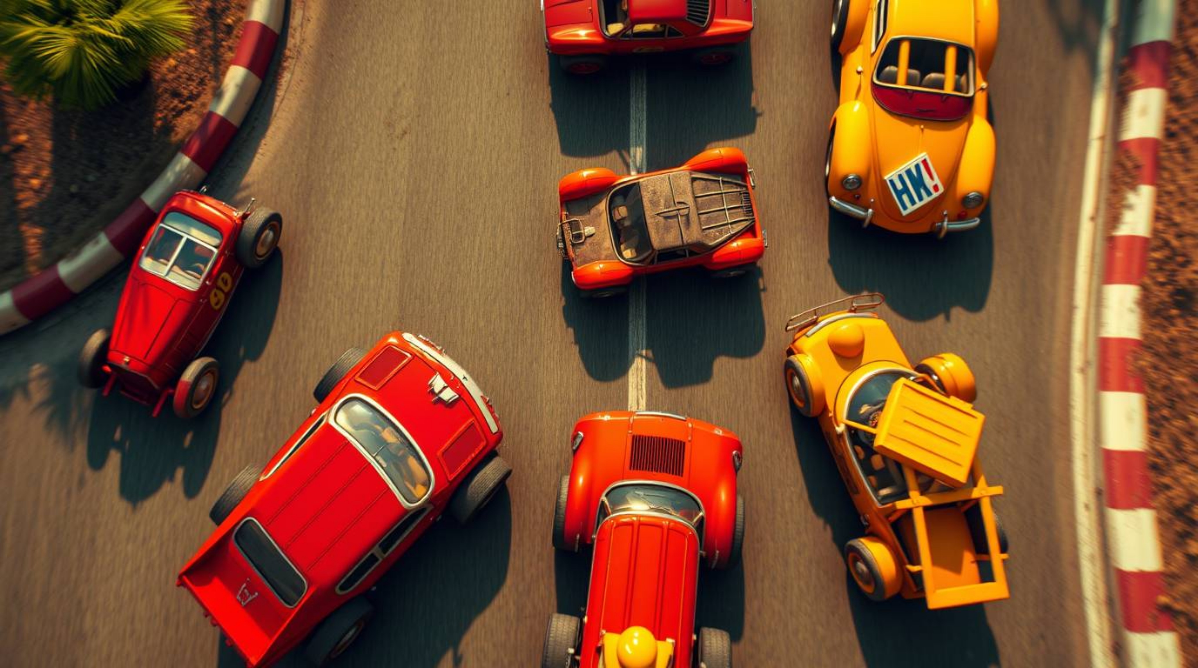Experience a vibrant and chaotic racing scene from a bird's-eye perspective, featuring outlandish cars bathed in warm tones o