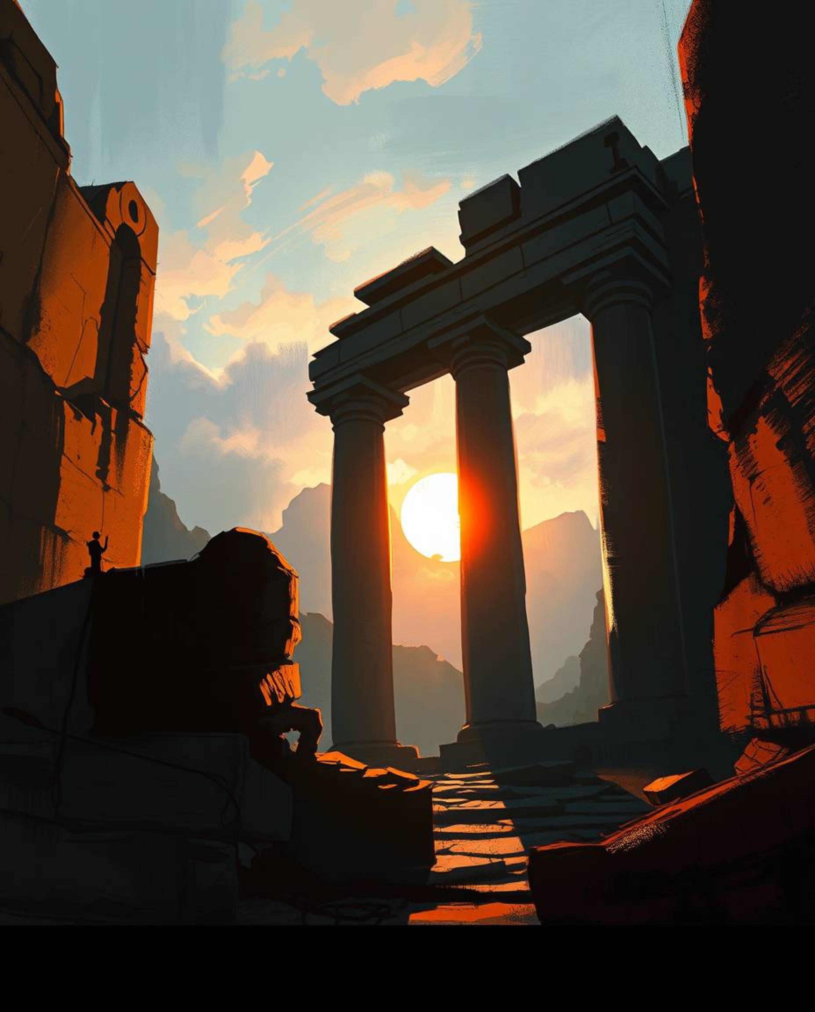 This is a digital sketch depicting a sunset casting shadows through ancient stone ruins. Created with loose, painterly stroke