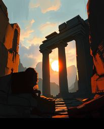 This is a digital sketch depicting a sunset casting shadows through ancient stone ruins. Created with loose, painterly stroke
