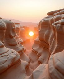 This sculptural clay art captures a sunset illuminating sandstone cliffs in a canyon, creating a soft and dreamy atmosphere. 