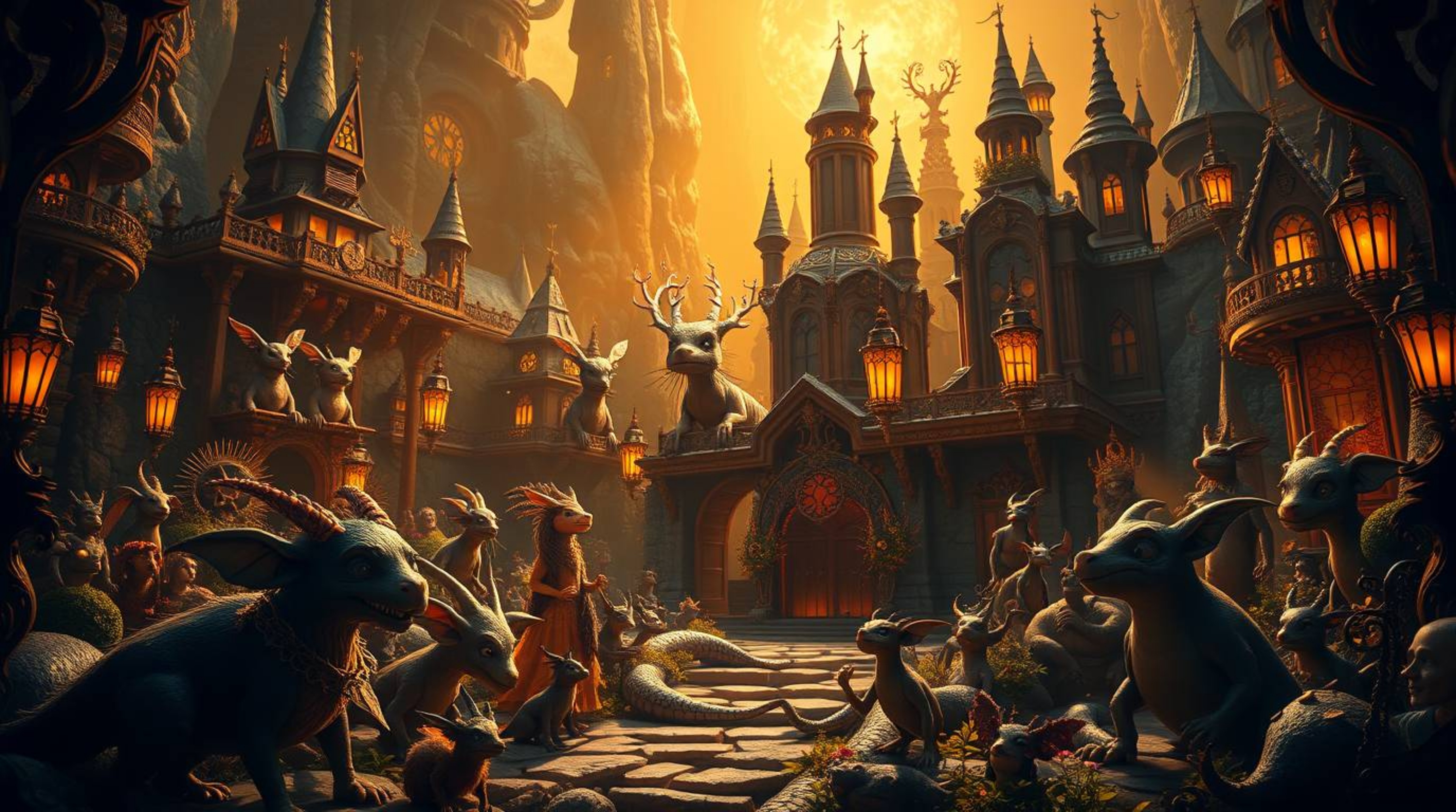 Enter a breathtaking fantasy kingdom teeming with quirky and magical creatures.  Bathed in the dramatic light of chiaroscuro,