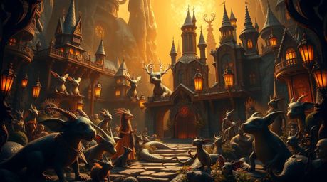 Enter a breathtaking fantasy kingdom teeming with quirky and magical creatures. Bathed in the dramatic light of chiaroscuro,