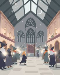 A captivating modern flat design illustration depicts a magical school brimming with young wizards.  The image evokes an ethe