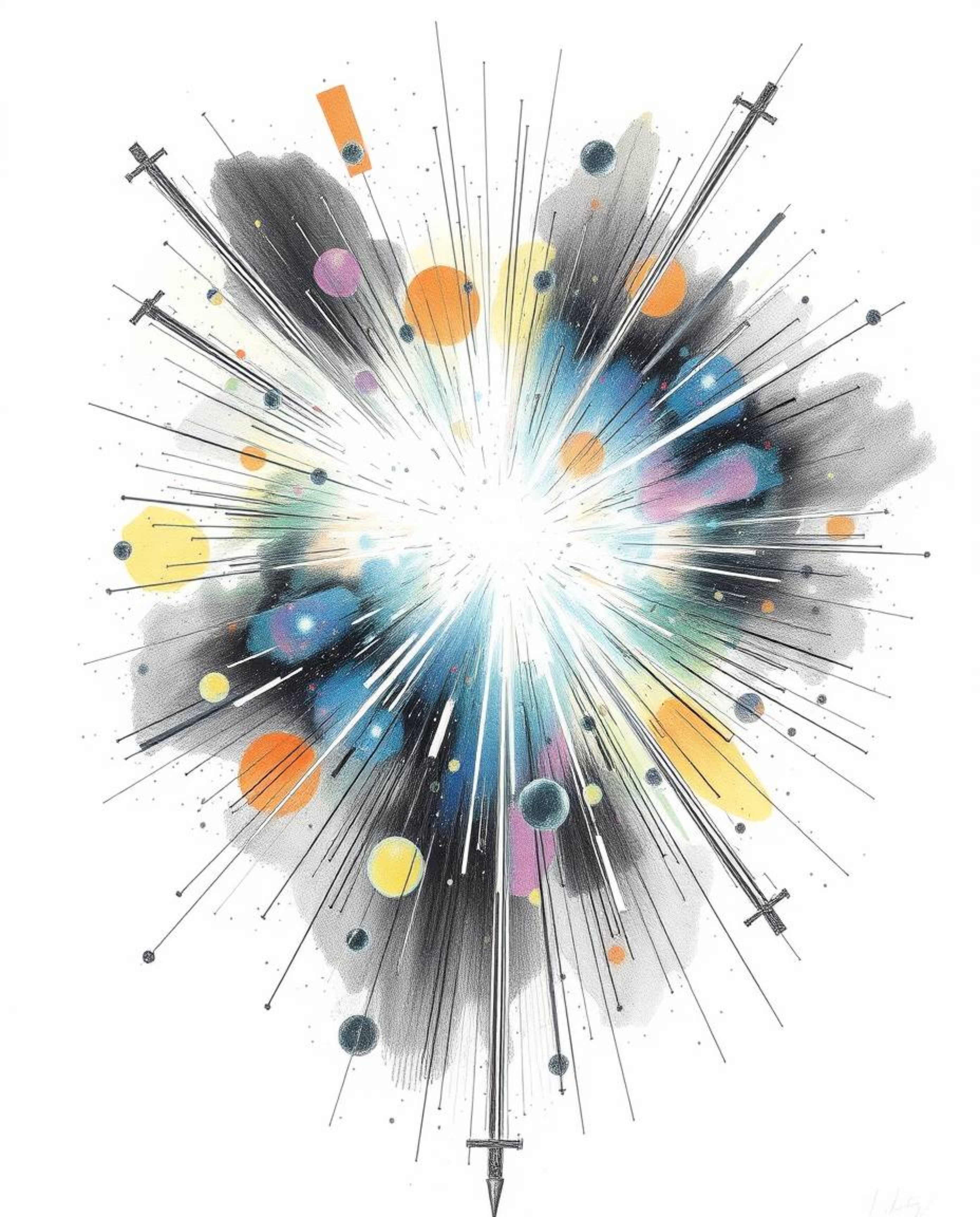 A captivating hand-drawn sketch depicting colliding galaxies in a vibrant cosmic explosion.  The artwork features strong, har