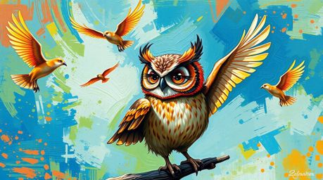 This captivating acrylic painting features a bold and expressive blind owl in a charming Pixar-inspired style. Textured brush