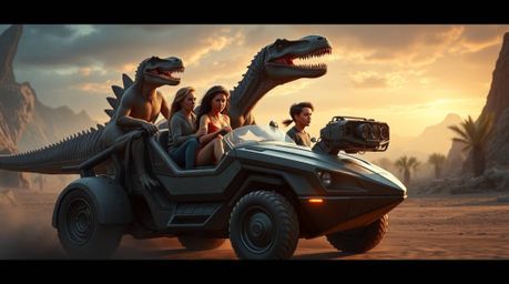 Witness a breathtakingly epic scene of a prehistoric family embarking on an extraordinary adventure in a dinosaur-powered car
