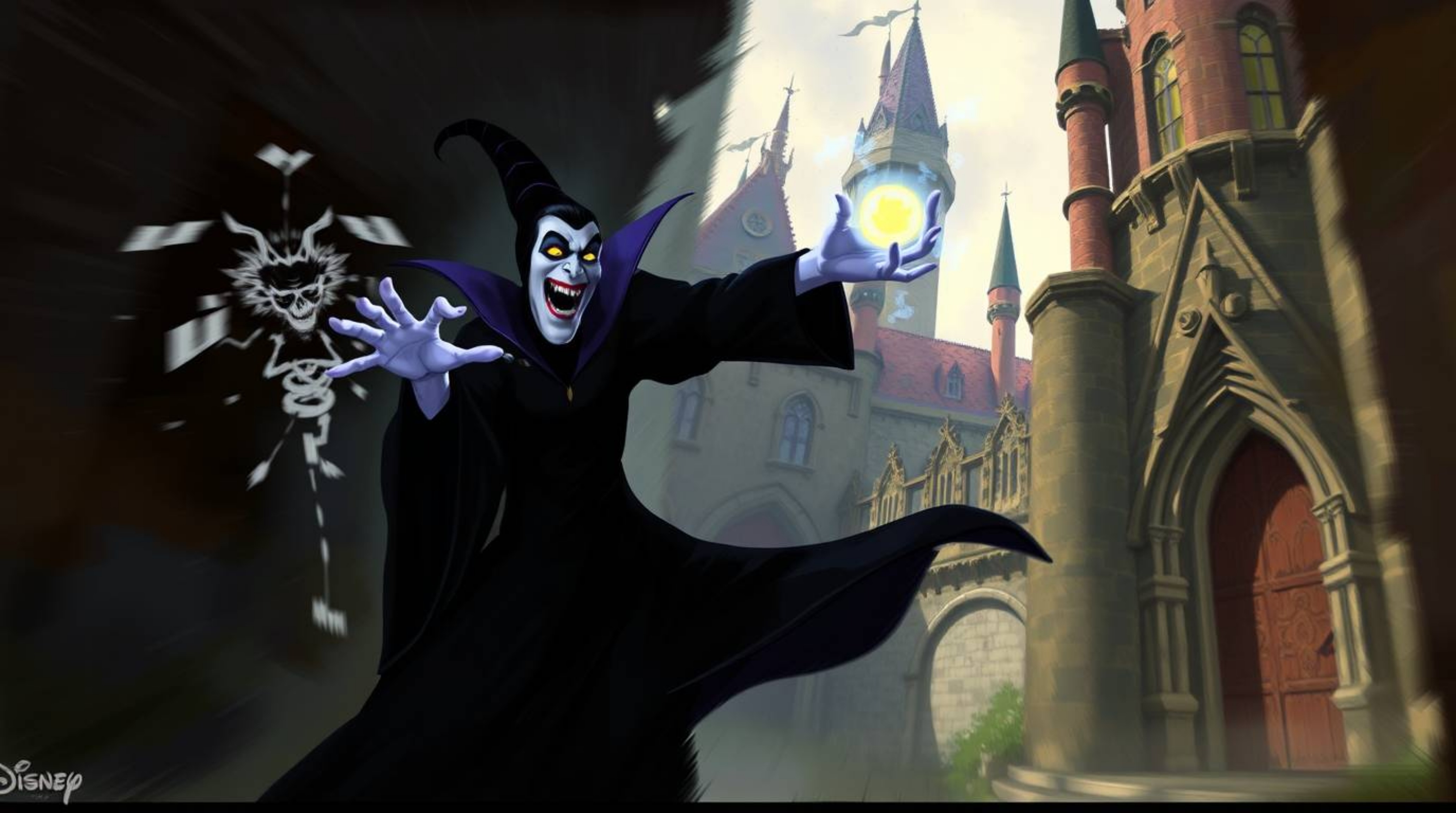A captivating digital painting showcases a classic Disney villain casting a spell within an ancient castle. The dynamic comp