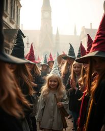 Explore a captivating magical school teeming with young wizards, rendered in a soft cinematic haze. Experience the charm of c