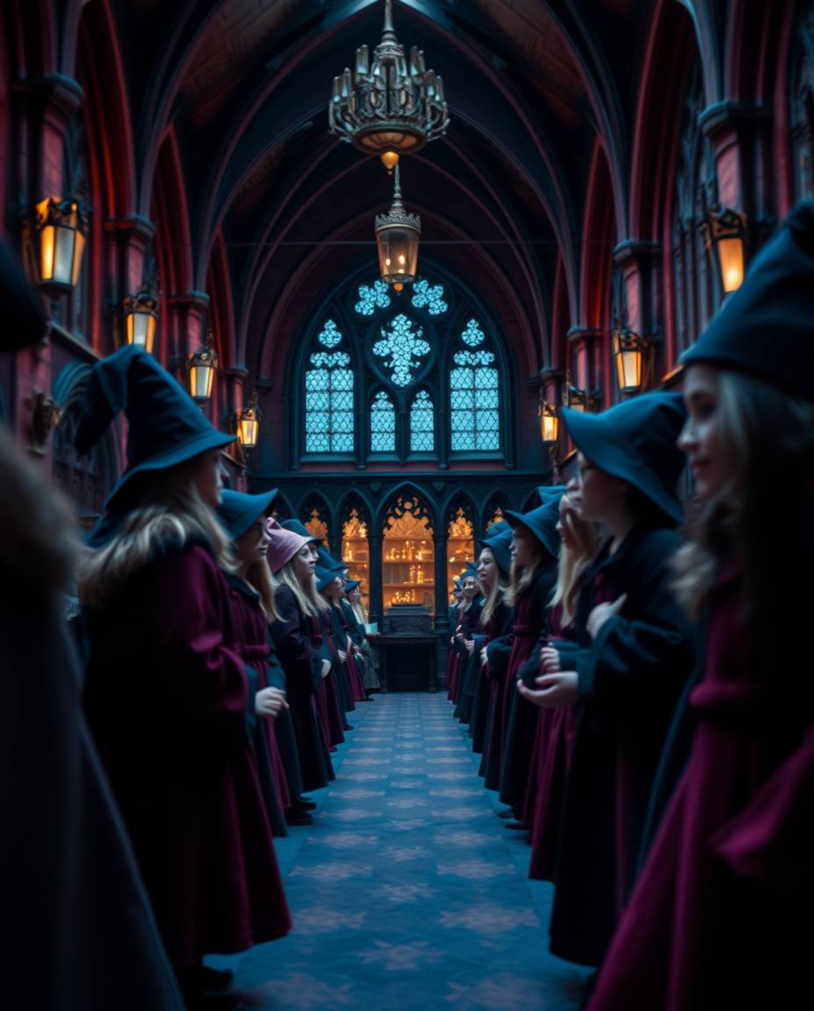 Immerse yourself in the intricate details of a magical school teeming with young wizards, captured in an extreme macro close-