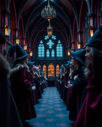Immerse yourself in the intricate details of a magical school teeming with young wizards, captured in an extreme macro close-