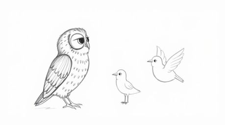 A whimsical hand-drawn sketch in a Pixar style depicts a blind owl with subtly textured feathers guiding birds. These birds a