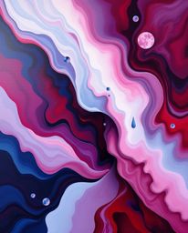 This abstract composition features ethereal painting elements combined with vibrant, colorful 3D fluid shapes interacting wit
