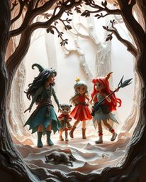 A soft and dreamy layered papier-mâché sculpture capturing the enchanting scene of a group of friends with unique powers expl
