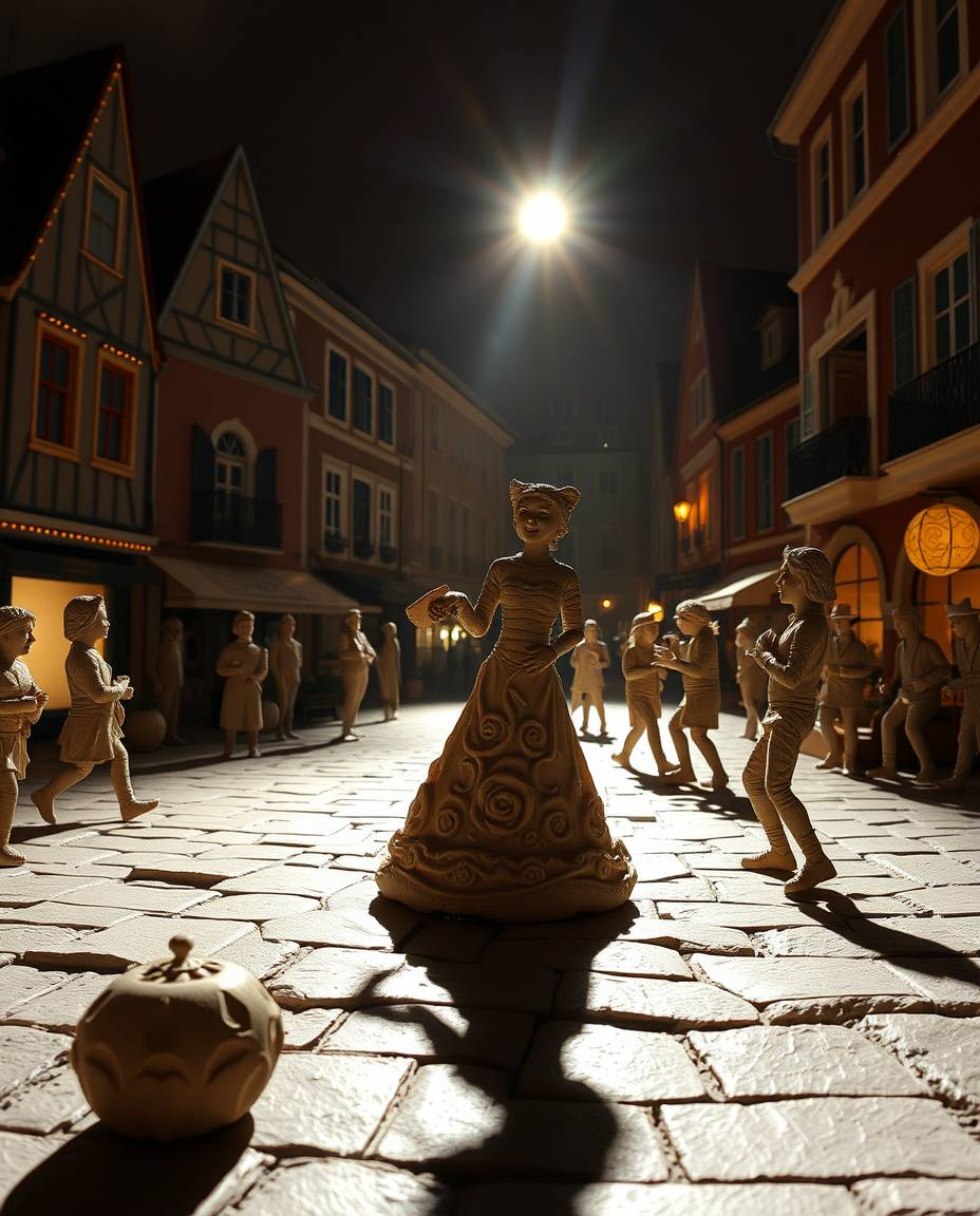 This striking sculptural clay artwork depicts a vibrant musical number unfolding in a brightly lit town square.  The piece sh