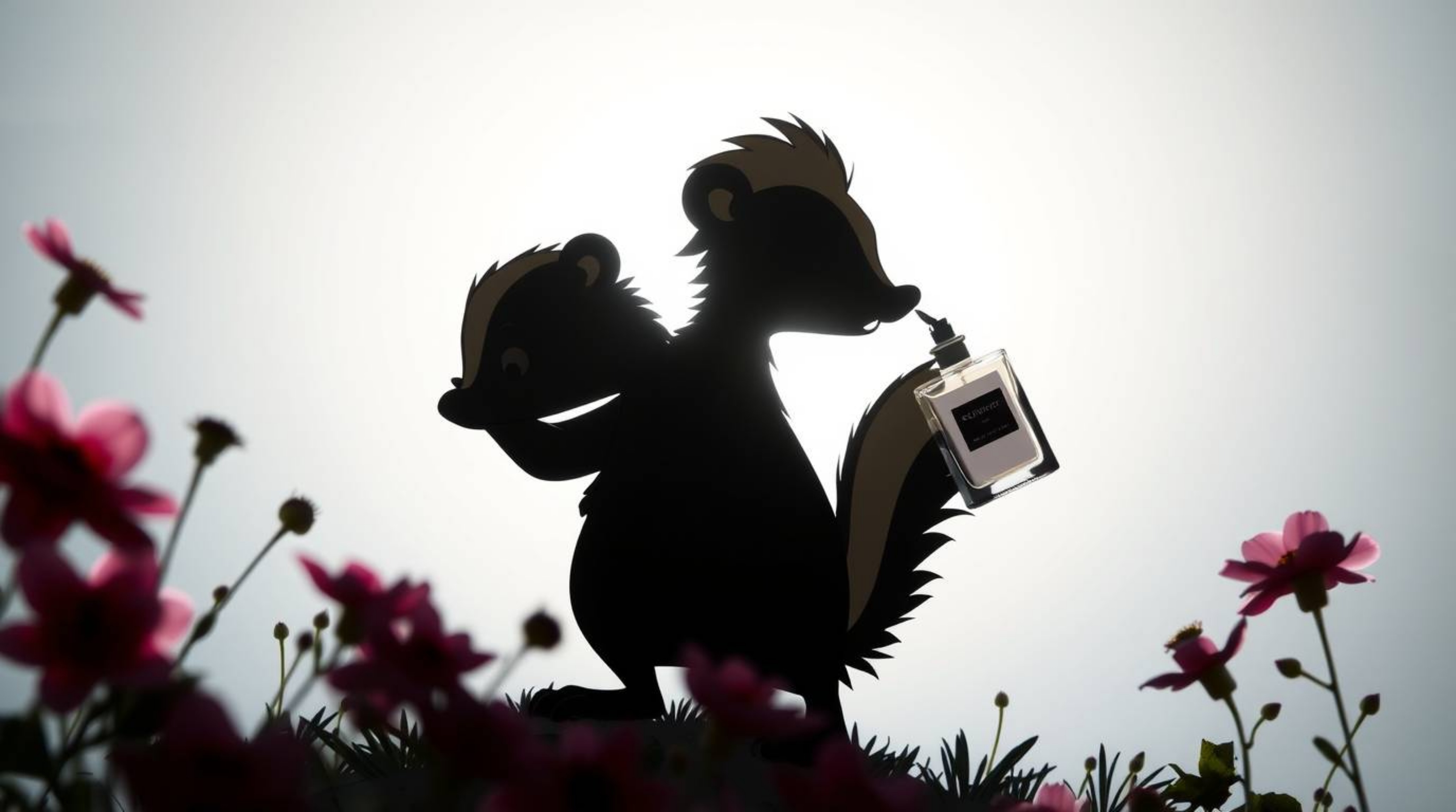 A professional fine art photograph capturing a silhouetted cartoon skunk delicately spraying perfume onto flowers, beautifull