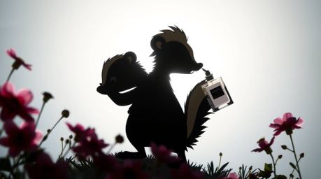 A professional fine art photograph capturing a silhouetted cartoon skunk delicately spraying perfume onto flowers, beautifull