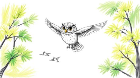 A charming Pixar-style hand-drawn sketch depicts a blind owl gliding gracefully between vibrant green trees, its facial featu