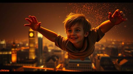 A captivating photograph depicts a young boy with fair skin soaring above the London skyline, sprinkled with magical pixie du