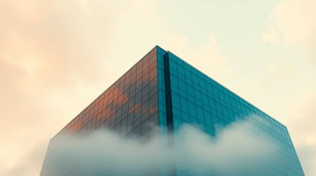A modern glass building seamlessly merges with the sky, its structure mirroring the soft, ethereal clouds. This image evokes 