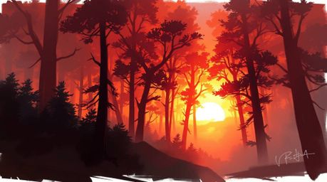 A dynamic digital painting depicts a vibrant sunset filtering through a dense forest.  Loose, painterly strokes and complemen