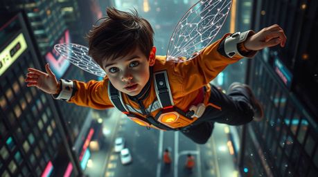 A young boy, adorned in futuristic attire, takes flight above a vibrant, cyberpunk London, his ascent fueled by shimmering pi