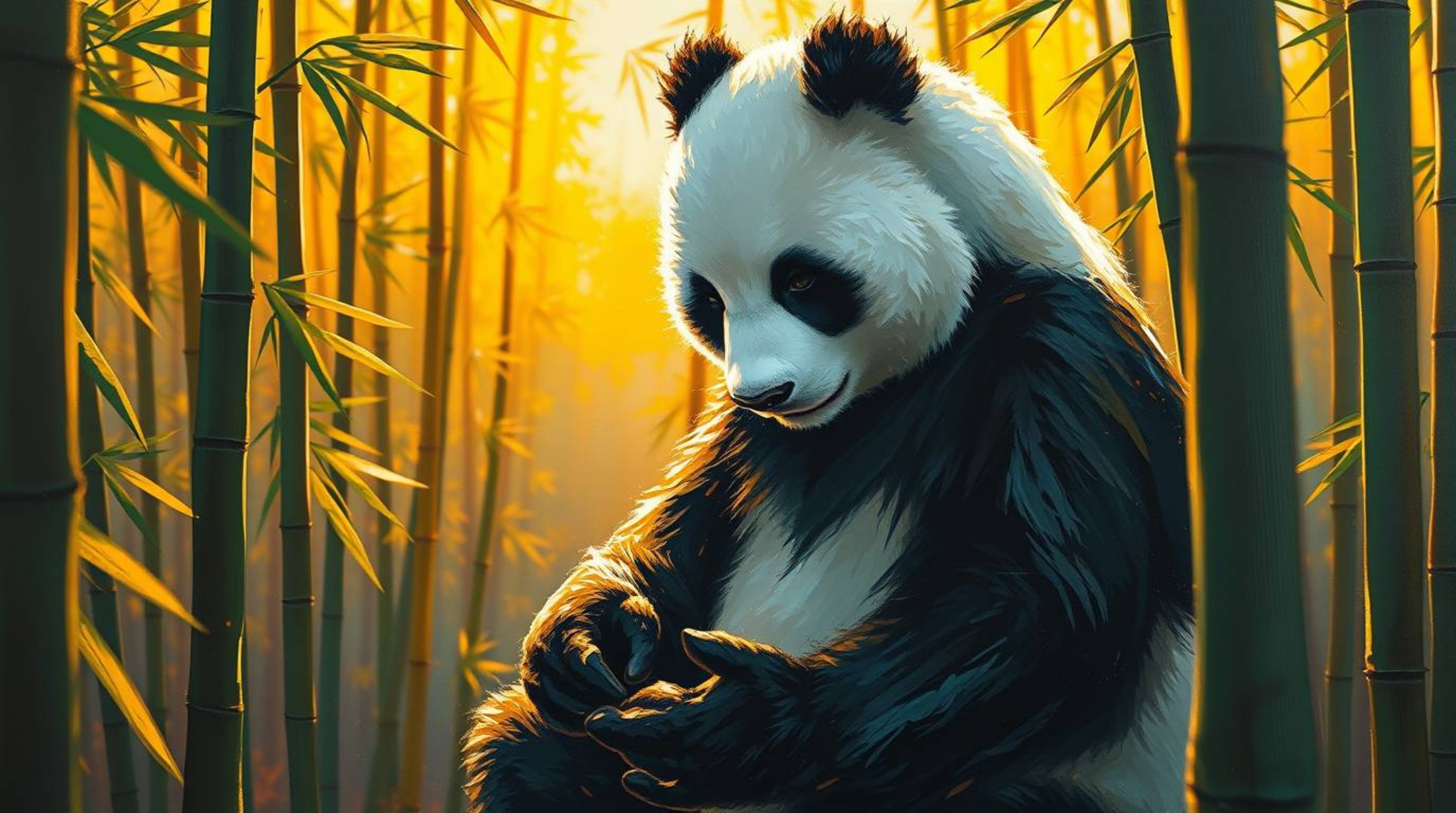A captivating high-angle acrylic painting depicts a martial artist panda deeply engrossed in meditation within a serene bambo