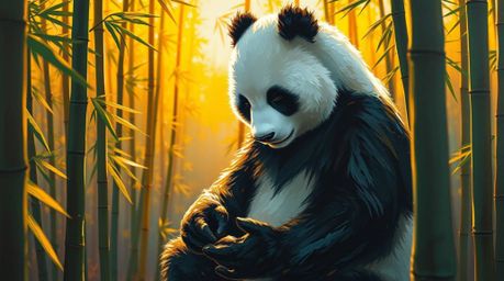 A captivating high-angle acrylic painting depicts a martial artist panda deeply engrossed in meditation within a serene bambo