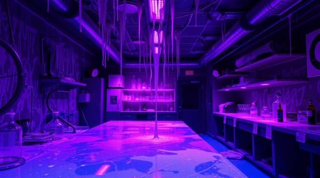 A slime-covered science lab bathed in deep ultraviolet hues, creating a dramatic and captivating scene. The composition utili
