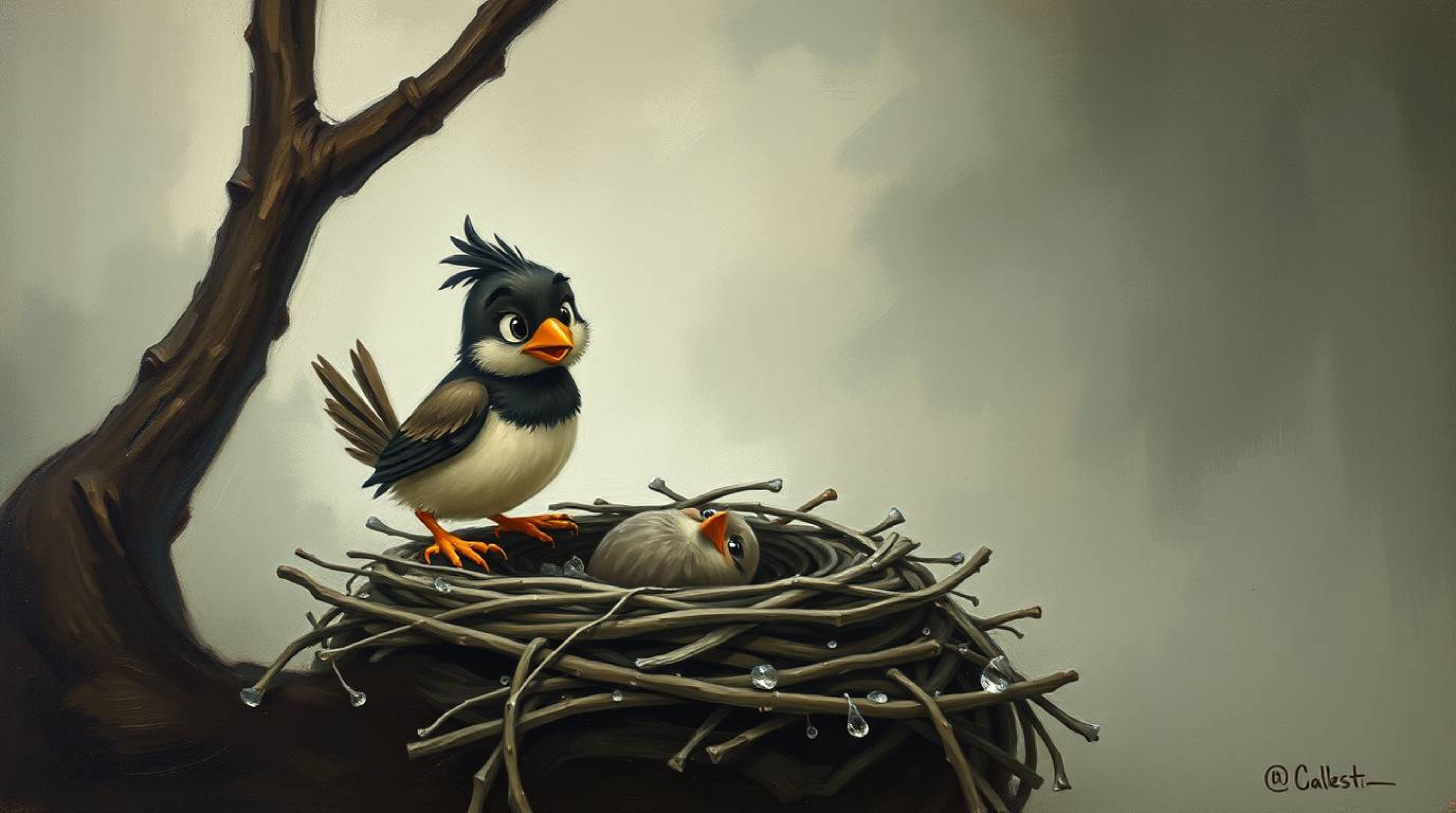 This strong, moody style classic oil painting depicts two cartoon birds diligently building a nest, rendered in a classic ani