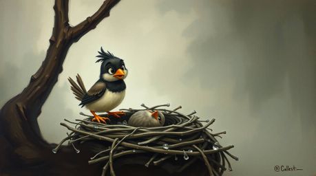 This strong, moody style classic oil painting depicts two cartoon birds diligently building a nest, rendered in a classic ani