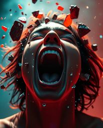 A captivating abstract artwork depicting a person screaming as their world fractures into vibrant pixelated fragments.  The i