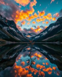 An extreme macro close-up photograph showcases the reflections of fiery clouds in a mountain lake. The image is accentuated b