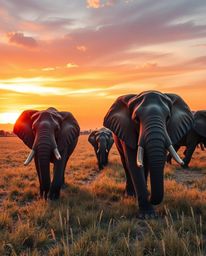 A high-angle perspective, vibrant colors, lively and energetic image of elephants walking across a field at sunset, looking d
