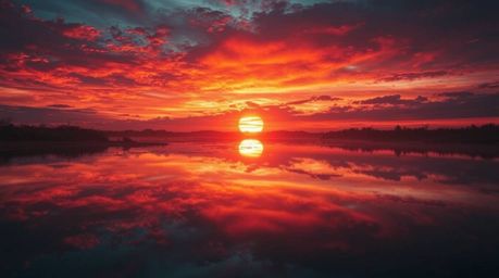 A captivating image showcasing a futuristic, sci-fi interpretation of a colorful sunset reflected in a tranquil pond.  The sc