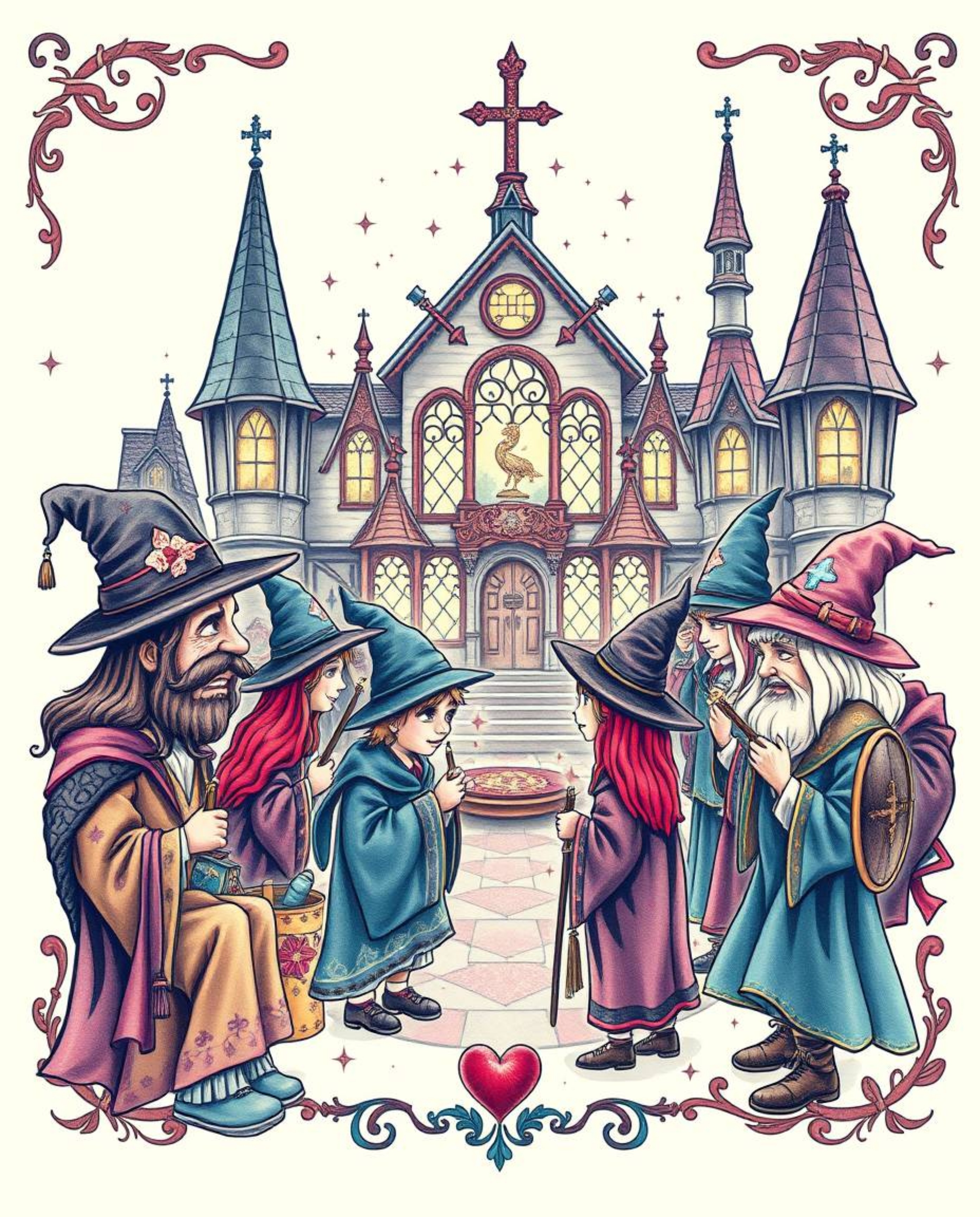 Immerse yourself in a soft, dreamy atmosphere with this symbolic traditional tattoo art print. Featuring a magical school fil