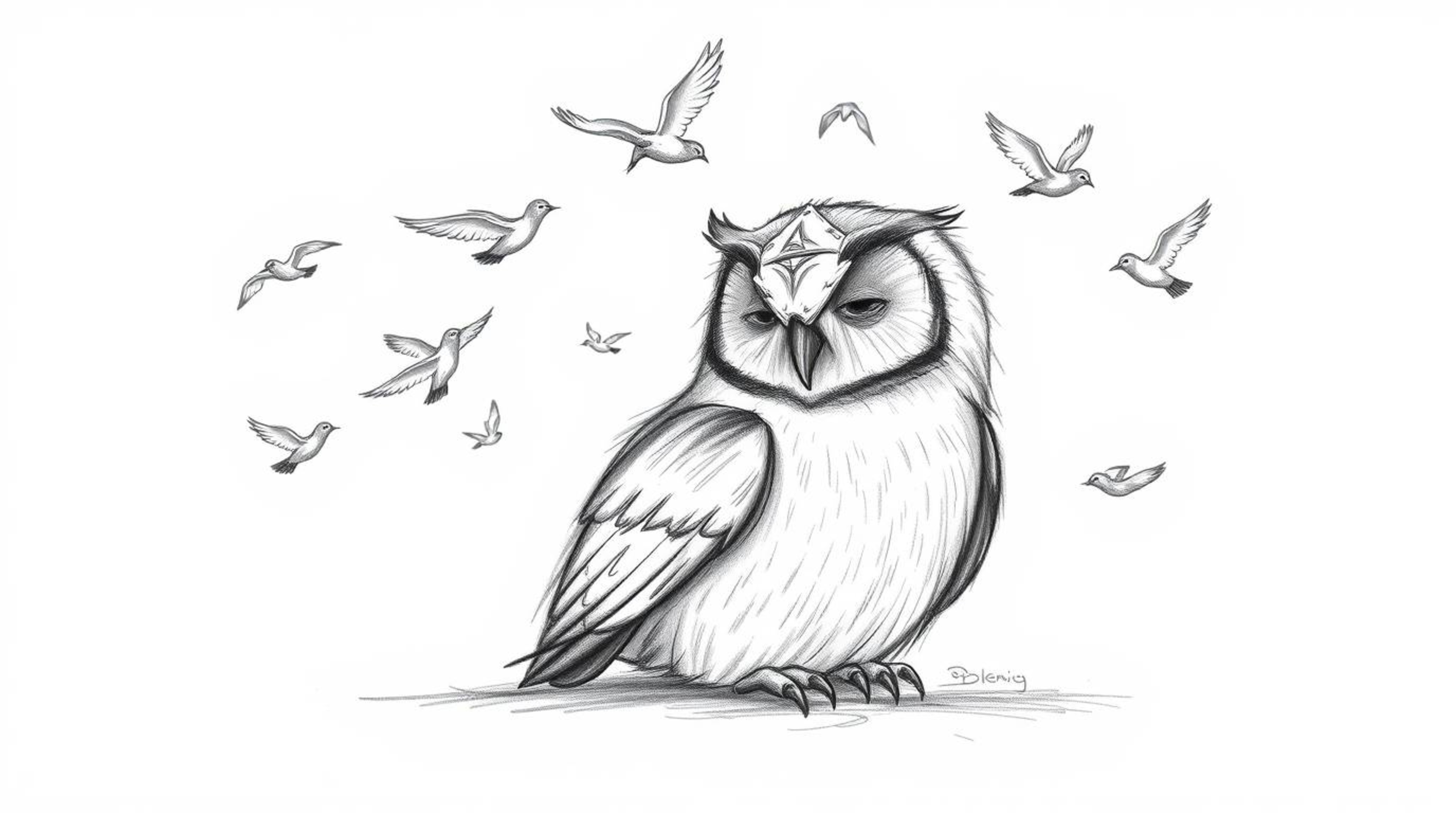 A captivating Pixar-style hand-drawn sketch portrays a blind owl rendered with textured pencil strokes against a clean white 