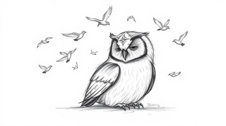 A captivating Pixar-style hand-drawn sketch portrays a blind owl rendered with textured pencil strokes against a clean white 