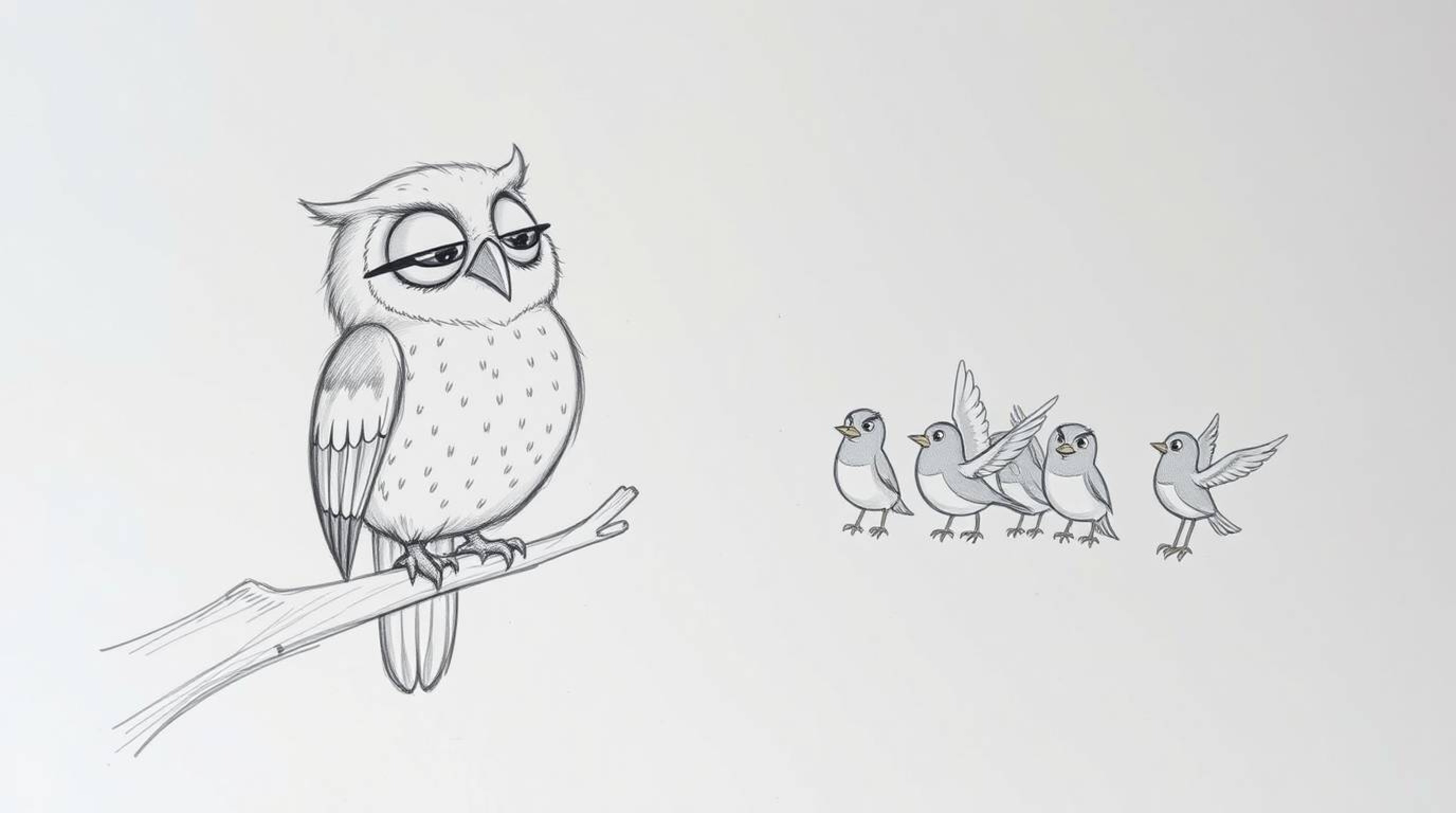 A heartwarming hand-drawn sketch in the style of Pixar depicts a blind owl with soft, downy feathers perched on a hollow bran