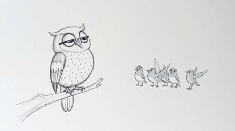A heartwarming hand-drawn sketch in the style of Pixar depicts a blind owl with soft, downy feathers perched on a hollow bran